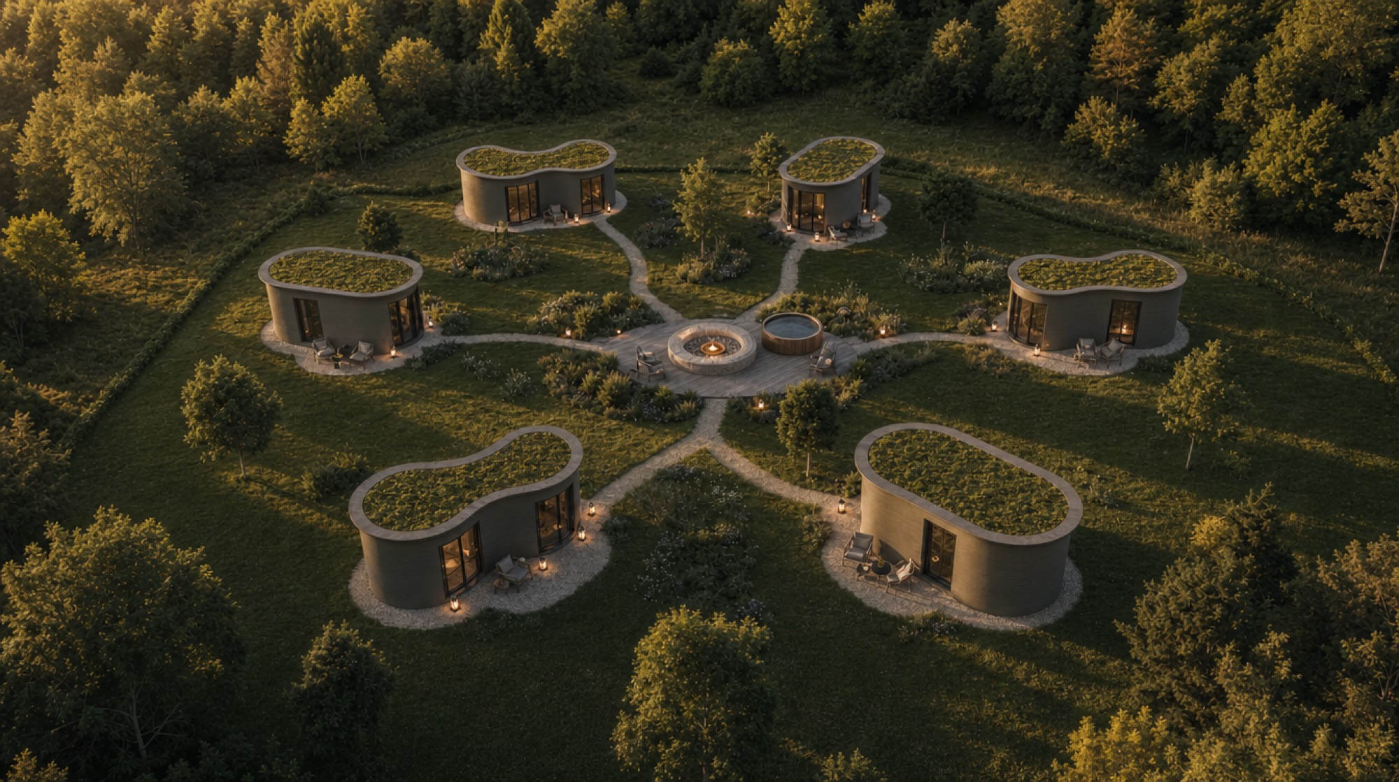 Luchtfoto van een Silva-hof: zes villa's rond een gedeeld erf in avondlicht — project Meerkerk