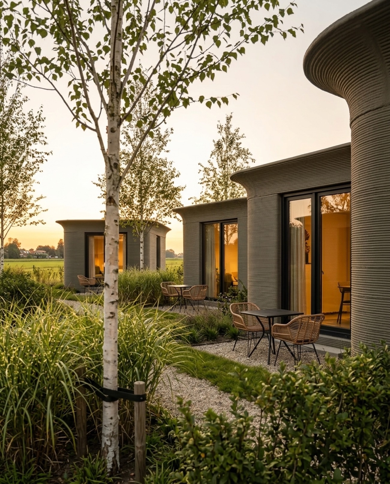 Terras met berken tussen twee Serenity-verblijven in de avond